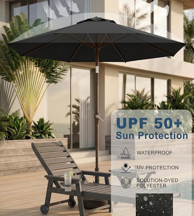 10FT Patio Umbrella, Outdoor Umbrella with Push Button Tilt and Crank, 8 Sturdy Ribs, UV Protection & Waterproof Market Umbrella for Pool, Backyard, Beach,Deck (Black)