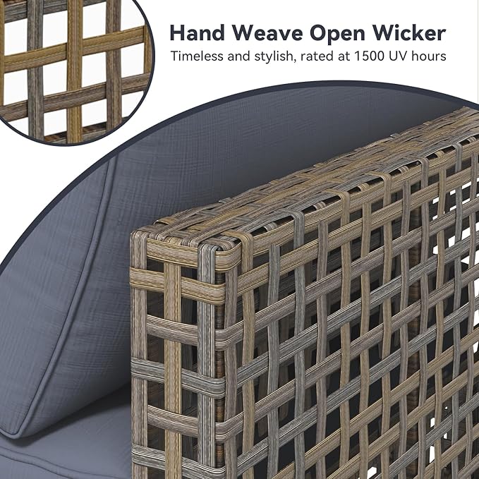 AECOJOY 7-Piece Patio Outdoor Furniture Set with Tea Table, Boho Outdoor Sectional Furniture Sofa PE Rattan Wicker Conversation Set, Dark Brown Rattan&Dark Grey Cushions