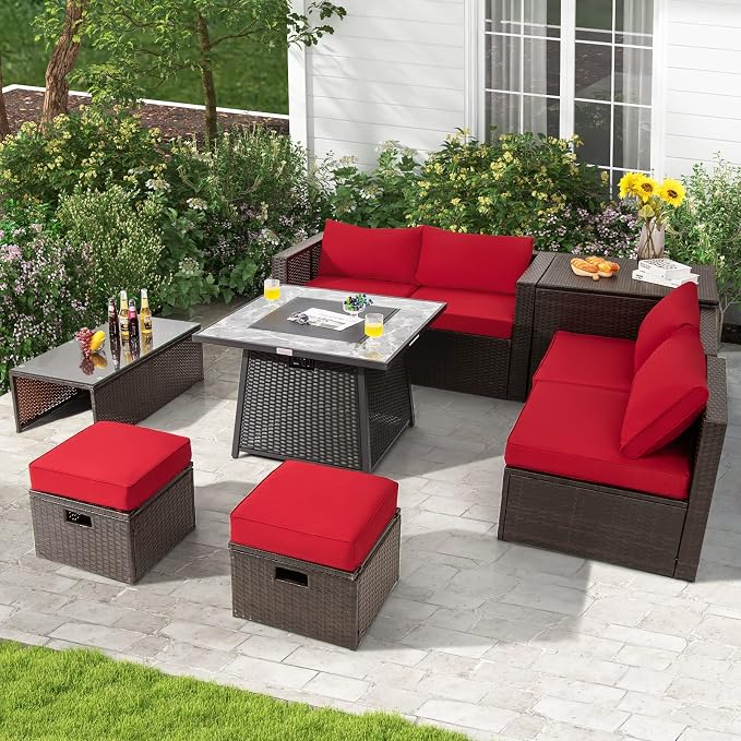 Tangkula 9 Pieces Outdoor Patio Furniture Set with 35-Inch Propane Fire Pit Table, Outdoor PE Wicker Sectional Sofa Set with Storage Box and Cushions, 50,000 BTU Gas Fire Pit Table (Red)