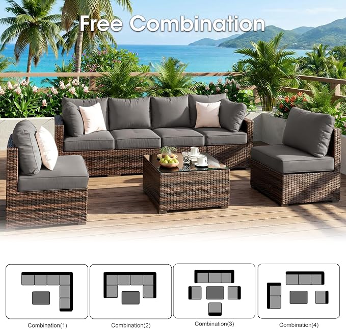 Grezone Patio Furniture Set 7 Piece Outdoor Wicker Sectional Sofa - All Weather High Backrest PE Rattan Couch Conversation Set with Cushion & Glass Top Table for Backyard Deck Porch, (Grey)