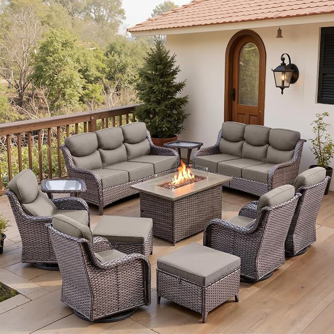 Belord Luxury 6" Thick Cushioned 11 Pieces Patio Furniture Set with Fire Pit Table, Wicker Outdoor Conversation Set with High Back Swivel Rocker Chairs for Deck Porch Yard and Poolside - Brown+Grey