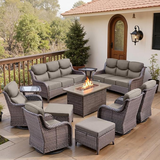 Belord Luxury 6" Thick Cushioned 11 Pieces Patio Furniture Set with Fire Pit Table, Wicker Outdoor Conversation Set with High Back Swivel Rocker Chairs for Deck Porch Yard and Poolside - Brown+Grey
