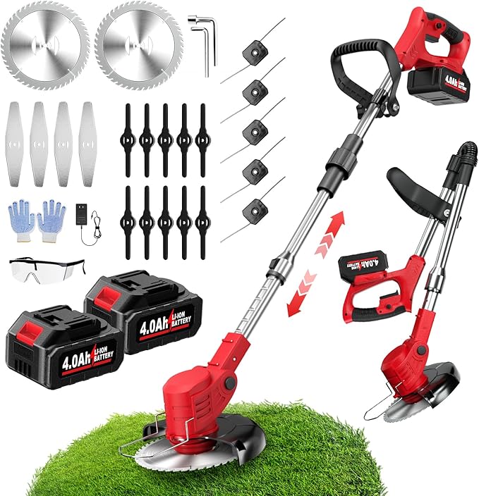 FULLYEA Electric Weed Wacker Cordless, Foldable Grass Trimmer with 2*4.0Ah Batteries & Charger, Brush Cutter Battery Powered with 3 Types Blades, Lawn Mover Lightweight Weed Eater for Lawn Yard Garden