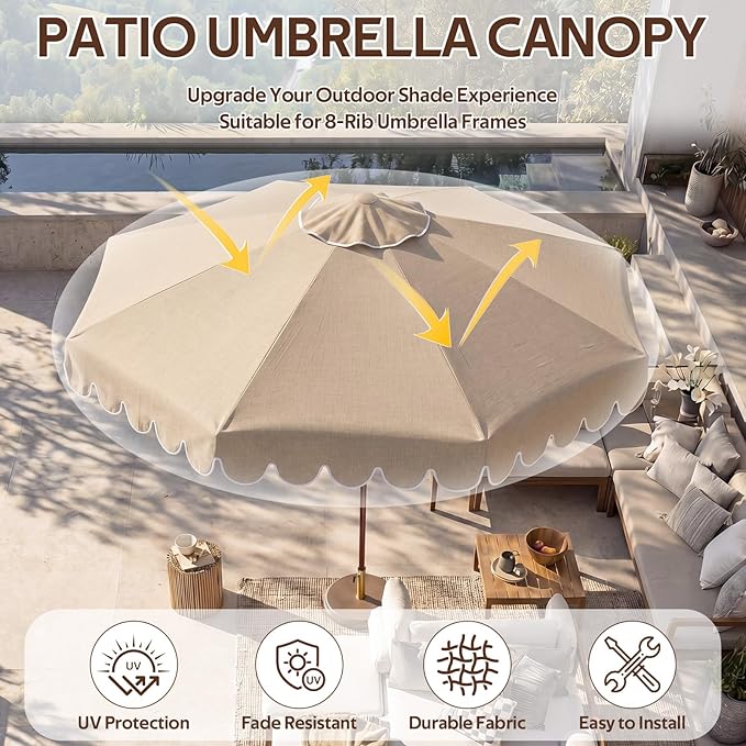 Scalloped Patio Umbrella Replacement Canopy Outdoor Boho Midcentury Market Umbrella Top Cover UV Protection for Patio Beach, Canopy Only