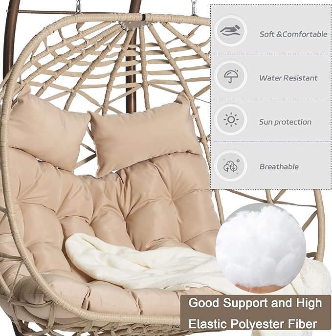 Double Egg Chair with Stand Outdoor Hanging Egg Swing Chair,Wicker Rattan Egg Chair Indoor Loveseat Chair with Cushion 500 lbs Capacity for Bedroom Balcony Patio (Cream+Beige)