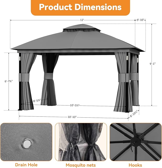 Covered Outdoor Patio Gazebo 10'x12' with LED Lights & Bluetooth Speaker, Heavy Duty Outdoor Canopy Shelter with Metal Frame, Double Roofs, Soft Top Gazebo with Netting and Curtains for Backyard, Gray