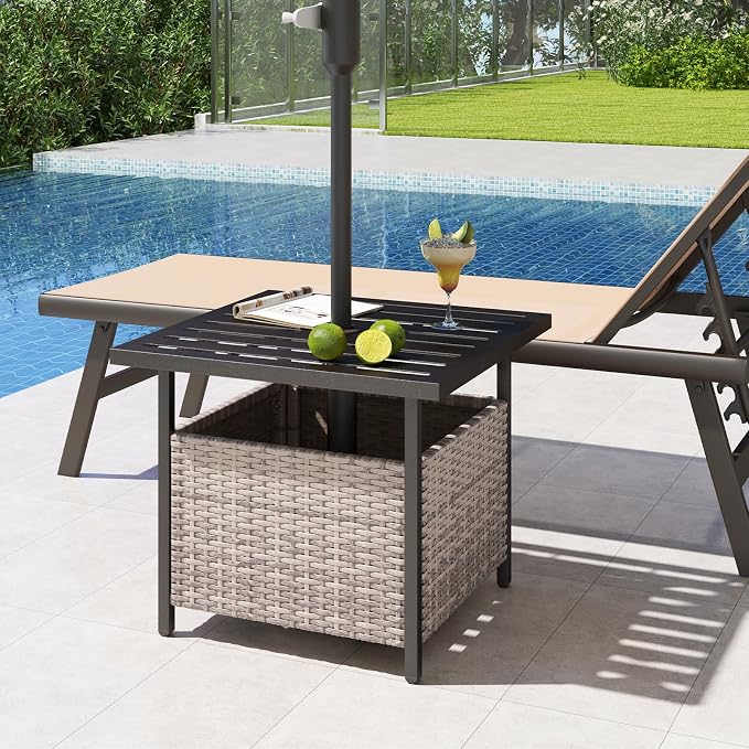 HAPPYGRILL Wicker Patio Umbrella Table with 1.57” Umbrella Hole, Outdoor Rattan Side Table with Heavy Duty Metal Frame, 22” Square PE Rattan End Table for Deck Backyard Poolside (Mix Gray)