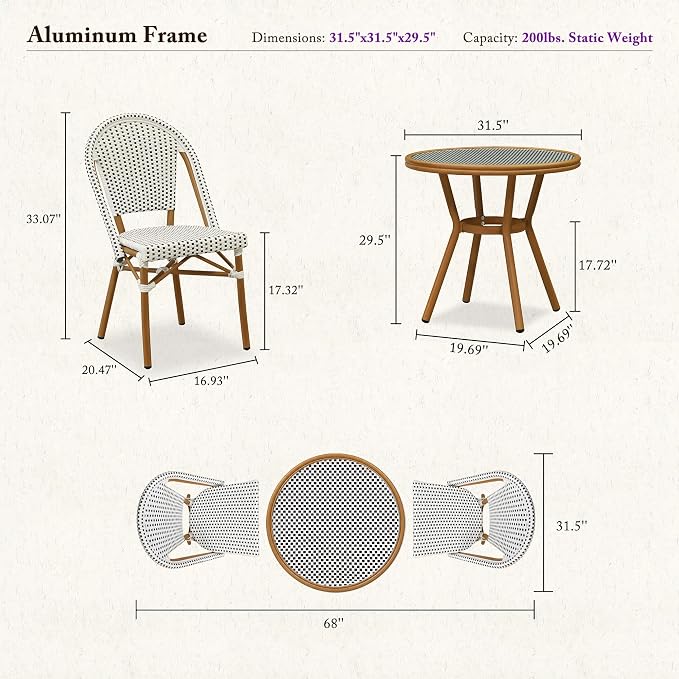 PURPLE LEAF 3-Piece French Bistro Dining Set Round Outdoor Patio Table and 2 Armless Chairs Tempered Glass Top PE Rattan Bamboo Print Finish Aluminum Frame White