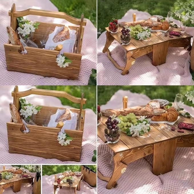 Picnic Table Wooden Folding Table 2-in-1 Basket Table with Wine Glass Holder Outdoor Storage Table Portable for Camping Beach Wine Lover Gift 11.8 * 9.1 * 5.9inch.