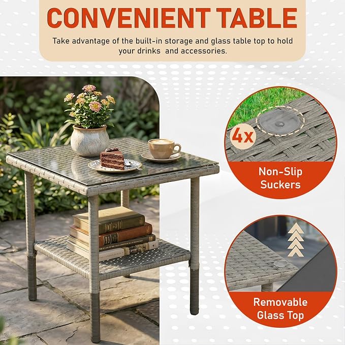 3 Pieces Patio Furniture Outdoor Bistro Set Outdoor&Indoor Conversation Set Coffee Table Chairs Set for 2 with Water-Resistant Cushions for Lawn Yard Garden Porch Balcony and Pool,Grey and Khaki