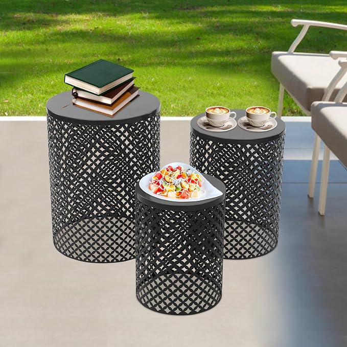 Cylindrical Outdoor Side Tables Set of 3, Metal Frame Accent Table End Table, Vintage Side Tables for Patio Gardens Balconies Cafes Parks