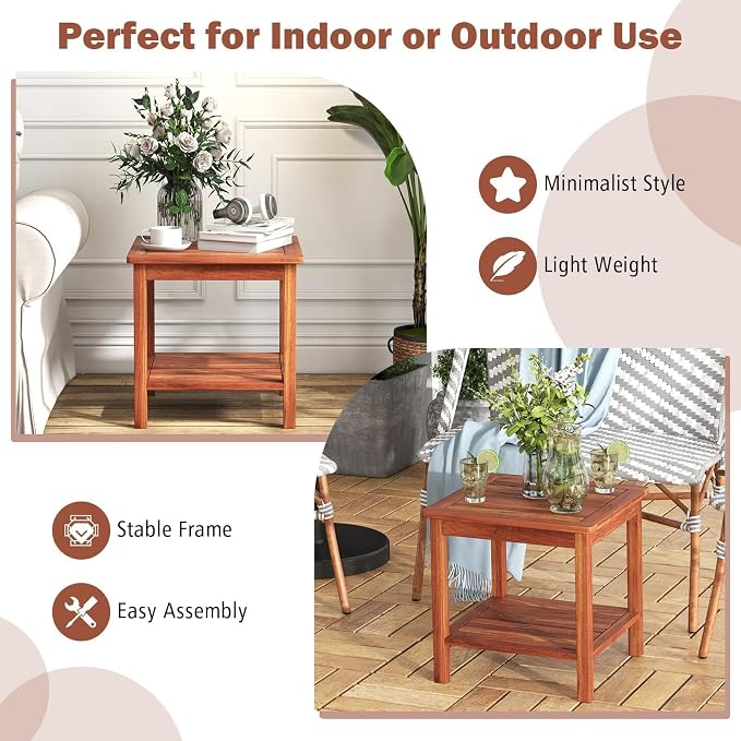 HAPPYGRILL Adirondack Outdoor Side Table Patio 2-Tier Square End Table, Acacia Wood Coffee Table for Porch, Poolside, Backyard, Garden, Balcony, Living Room