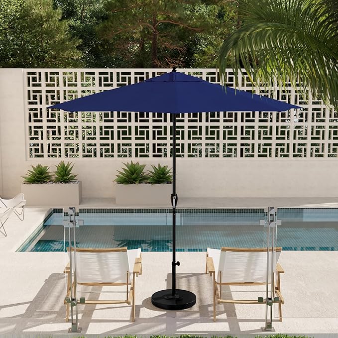 California Umbrella 12-Year Protection 9' Rd Aluminum Patio Umbrella, Crank Lift, Auto Tilt, Black Finish, Sunbrella True Blue