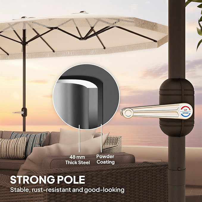 Outsunny 15FT Extra Large Patio Umbrella with Fringe, UPF30+ Double-Sided Market Umbrella with Easy Crank Handle, 2 Vents for Garden Pool Lawn