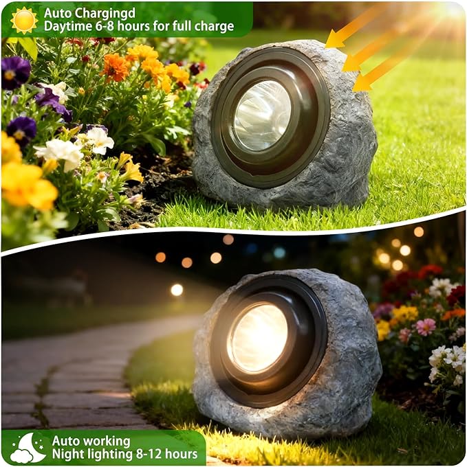 Solar Rock Lights Outdoor,4 Pack IP65 Waterproof LED Solar Ash Gray Garden Stone Spotlights,Warm White & Cool White Switchable,Auto On/Off Landscape Lights for Pathway Walkway Yard Patio