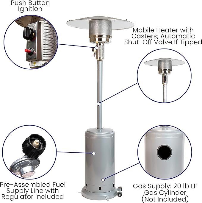 Flash Furniture Sol Patio Outdoor Heating-Silver Stainless Steel 40,000 BTU Propane Heater with Wheels for Commercial & Residential Use-7.5 Feet Tall