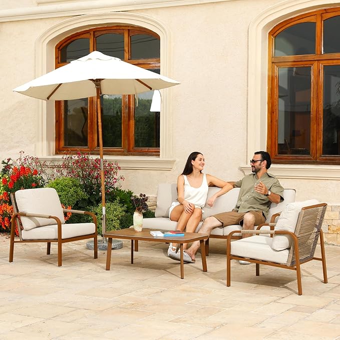 4-Piece Aluminum Outdoor Sofa Set – 3-Seat Sofa with Coffee Table, Rattan-Style Backrests, Patio Lounge Furniture for Garden, Balcony, and Porch (Beige)