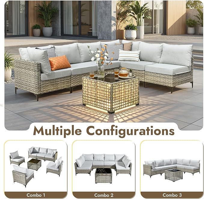7 Pieces Patio Furniture Set with Solar Light Coffee Table, All-Weather Rattan Outdoor Sectional Conversation Sets L Shaped Sofas with Thick Cushions for Porch Balcony Backyard Grey