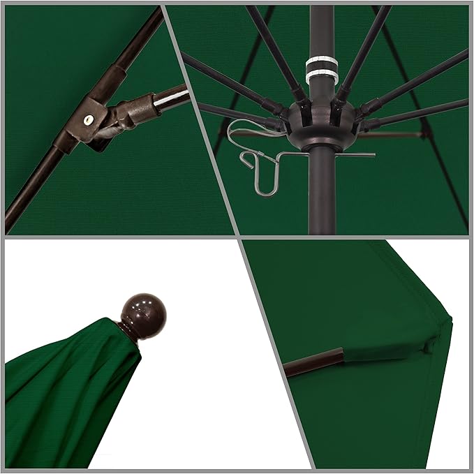 California Umbrella 9' Round Aluminum/Fiberglass Umbrella, Push Open, Bronze Pole, Sunbrella Forest Green