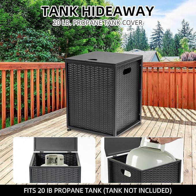 20 LB Propane Tank Hideaway Table with Side Handles，Sturdy 16 Inch Propane Tank Holder with Adjustable Foot Pads，Outdoor Gas Tank Cover for Patio, Deck & Backyard（Black）