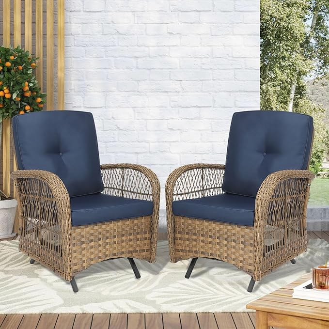 VIVIJASON 2-Piece Outdoor Wicker Glider Rocking Chair, Patio Rattan Swing Glider Chairs with Cushions & Steel Frame, All-Weather Gliding Lawn Wicker Furniture for Garden Backyard Porch, Navy Blue