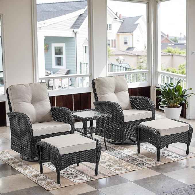 Belord 5 Pieces Wicker Patio Furniture Set - Swivel Rocker Outdoor Chairs with Ottomans and Side Table, Small Patio Conversation Set for Deck Porch Backyard Black