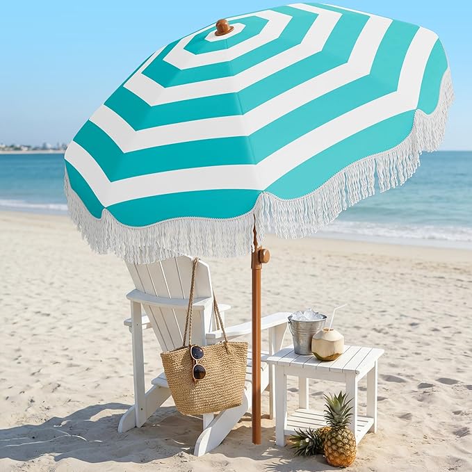AreShark 7ft Patio Umbrella with Fringe, UPF50+ Beach Umbrella for Table, Pool & Garden, Portable Outdoor Tassels Umbrella w/Fiberglass Ribs&Push Bottom Tilt(Blue and White Stripe)