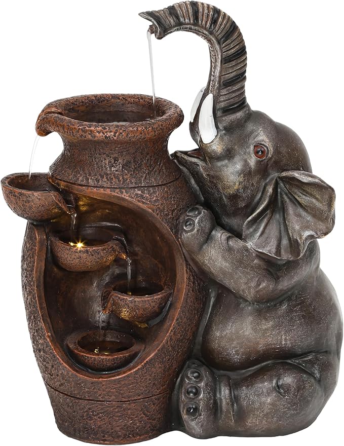 19" H Elephant Jar Outdoor Water Fountain, Rustic Farmhouse Water Feature with Tranquil Cascading Waterfall, Relaxing Garden Patio Yard Deck Kitchen Floor Tabletop Decor