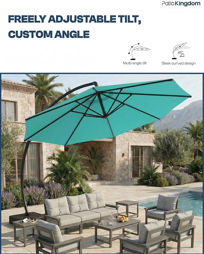 11 FT Cantilever Umbrella with Base Included, Large Round 360° Rotation Offset Umbrella Outdoor Patio, Heavy Duty Aluminum Frame, Sand-Weighted Stand, for Deck, Backyard, Pool, Garden (Turquoise Blue)