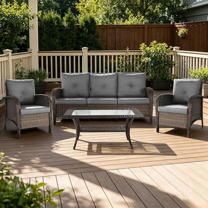 Outdoor Swivel Rocker Patio Chairs (Brown Wicker/Grey Cushion, 4PC/Sofa & Chair &Coffee Table)