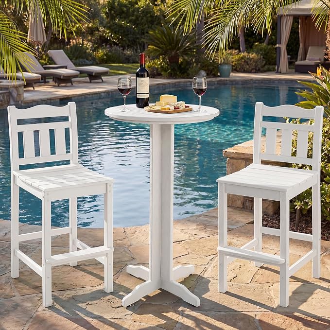 3-Piece Outdoor Bar Set, HDPE Adirondack Bar Height Chairs Set of 2 and Round Bar Table, All Weather Patio Bistro Set for Balcony, Poolside, Backyard (White)