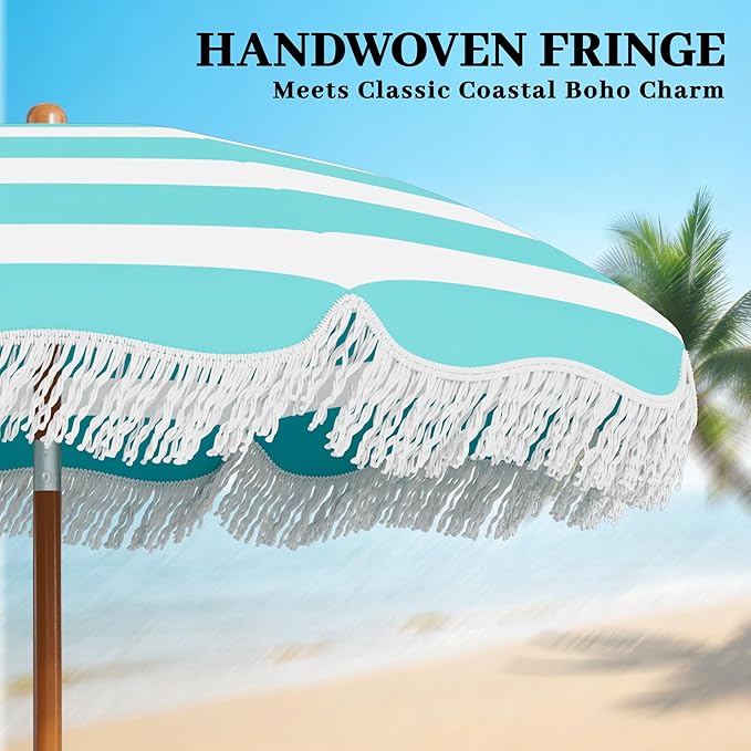 AreShark 7ft Patio Umbrella with Fringe, UPF50+ Beach Umbrella for Table, Pool & Garden, Portable Outdoor Tassels Umbrella w/Fiberglass Ribs&Push Bottom Tilt(Blue and White Stripe)