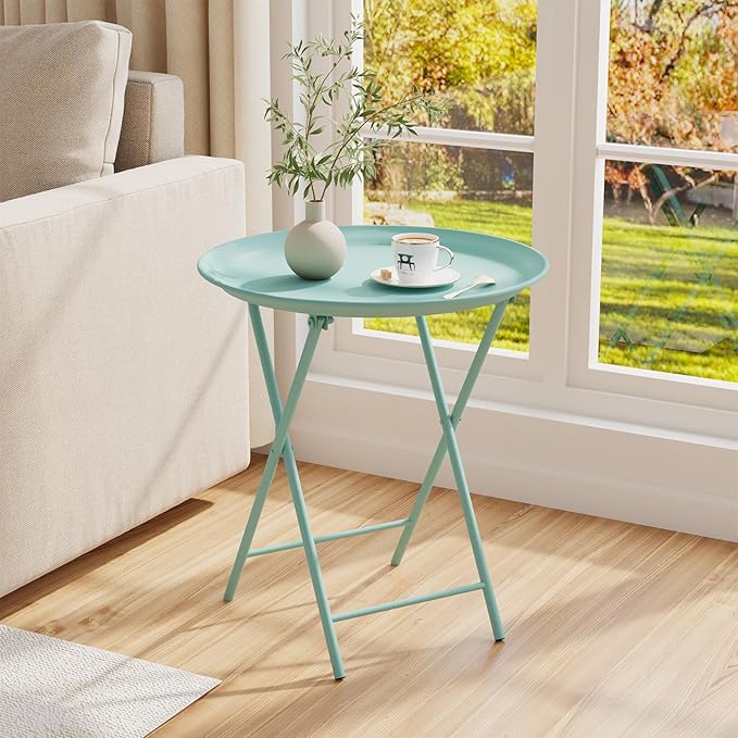 Garden 4 you Folding TV Tray Table, Metal Round Side Table, Green Dinner Table with Metal Frame, Modern Outdoor Tray Table for Living Room, Bedroom, Patio & Small Spaces, 1 Pack