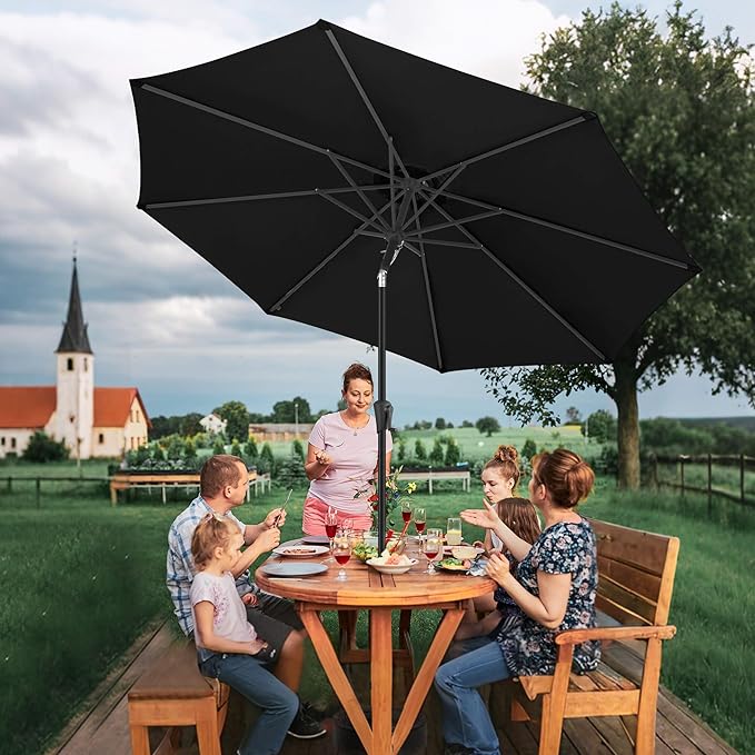 FLAME&SHADE 10 ft Outdoor Market Patio Table Umbrella with Fiberglass Rib Tips and Tilt, Black