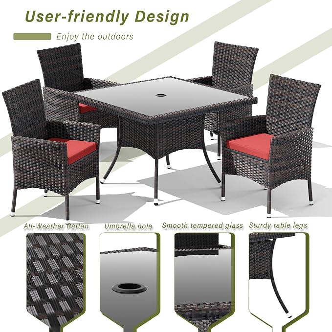 5 Pieces Outdoor Patio Dining Set,Patio Table and Chairs Rattan Outdoor Patio Furniture Set with Umbrella Hole,Dining Table Set for 4 with Chairs for Backyard,Garden and Kitchen,Red