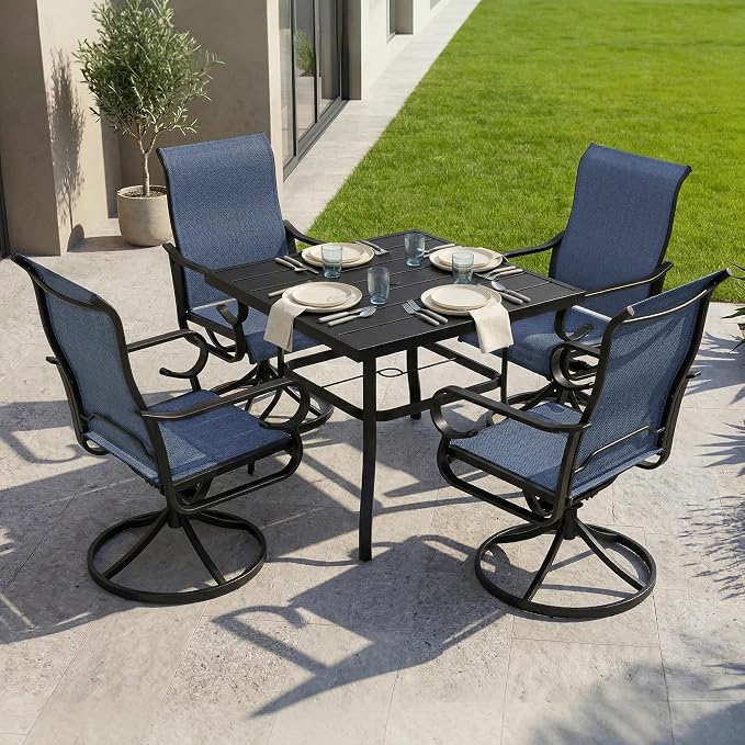 NUU GARDEN 5-Piece Outdoor Dining Set, Metal Swivel Chairs for 4 | All-weather blue patio furniture set for 4. Breathable textilene swivel rockers. Metal table with umbrella hole