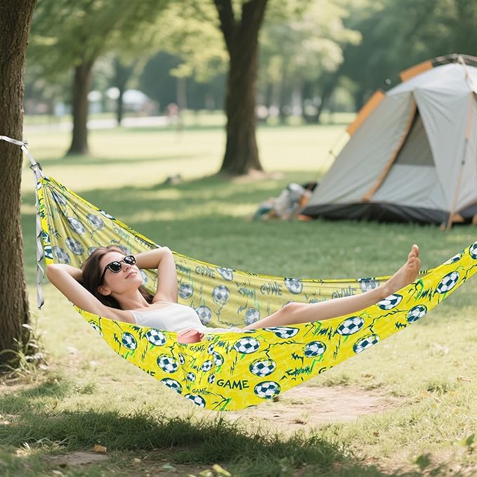 Camping Hammock Outdoor Hammocks for Outside Yellow Football Game Beach Trees Portable Lightweight with Pockets Tree Straps Indoor
