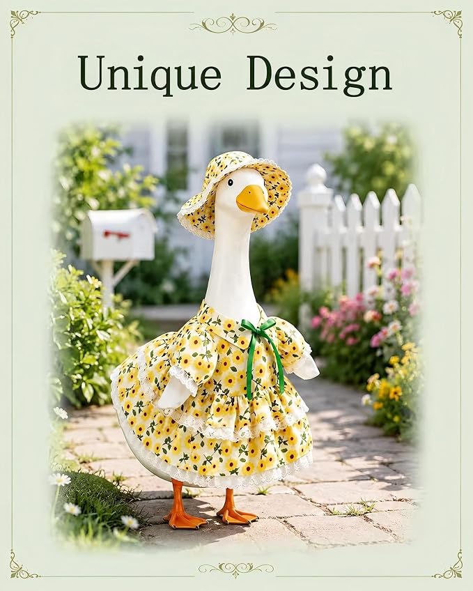 Porch Goose Outfit - Sunflower Dress & Lace Hat Set for 23 Inch Goose Statue,Spring Summer Outdoor Lawn Yard Decor, Home Porch Decoration