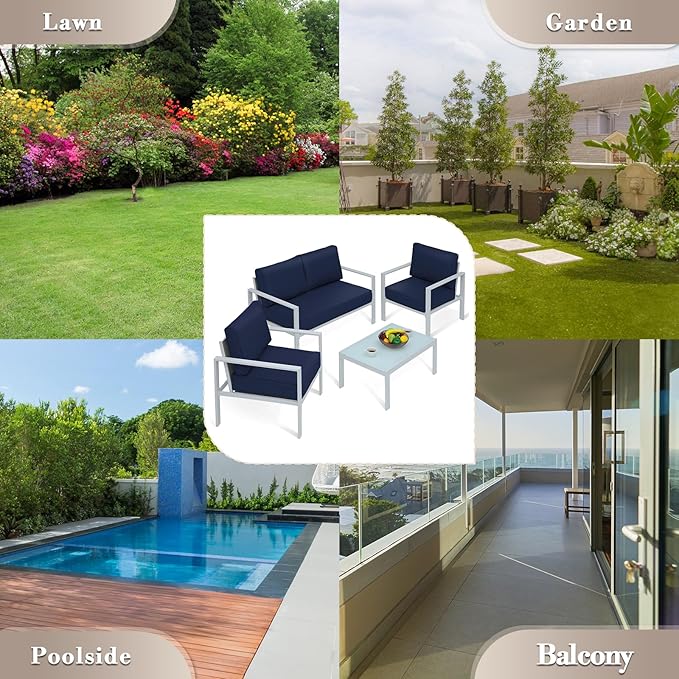 Athena Collection Patio Bistro Set Table and Chairs Set of 4, Outdoor Furniture Set Heavy Duty Conversation Sets Metal Loveseat with Upholstered Seat and Cushions, Blue