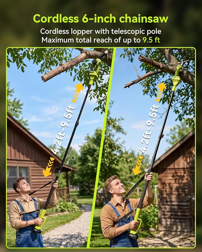 Supstable 4-in-1 Pole Saw & Pruning Shears Combo Kit, 6 Inch Mini Chainsaw for Tree Trimming, Battery Powered Chain Saw with Extension Pole, Limb Branch Cutter Pruner with 2 x 4000mAh Batteries