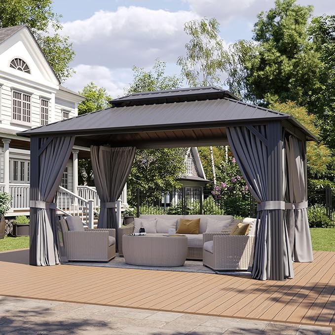 Aoxun 10Ft X 14Ft Hardtop Gazebo, Aluminum Metal Outdoor Gazebo with Breathable Netting and Curtains, Galvanized Steel Double Top, Permanent Patio Pavilion for Backyard, Wedding, Party