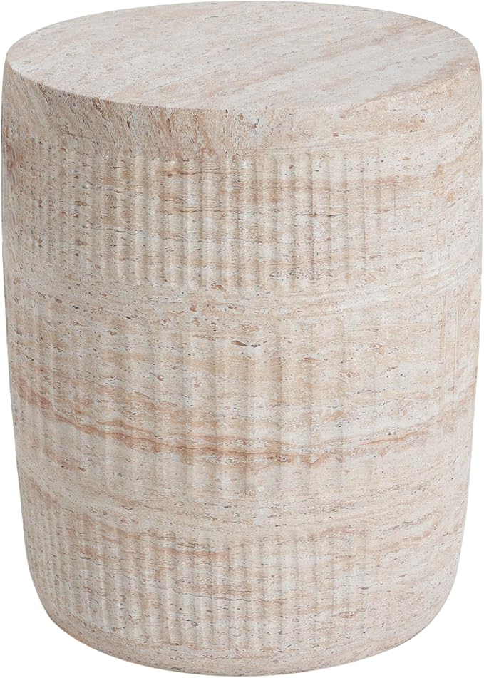 Merax Outdoor Lightweight Concrete Side Table 15" Dx18.5 H Cylinder Round Travertine Indoor Accent Table Weather Resistant End Table for Patio, No Assembly Required, Beige