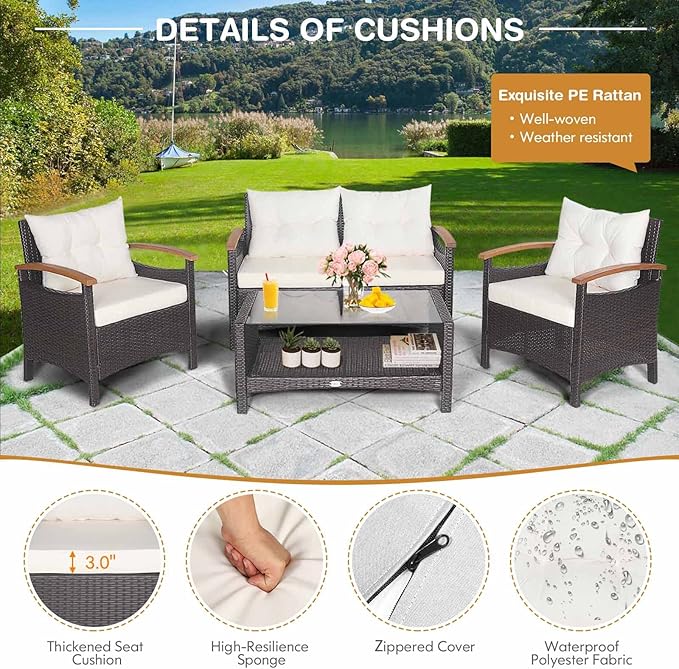 Tangkula 4 Piece Patio Rattan Conversation Set, Outdoor Wicker Sofa Set W/2-Layer Coffee Table, Backrest & Seat Cushions, Acacia Wood Curved Armrests, Suitable for Poolside, Backyard, Deck (1, White)