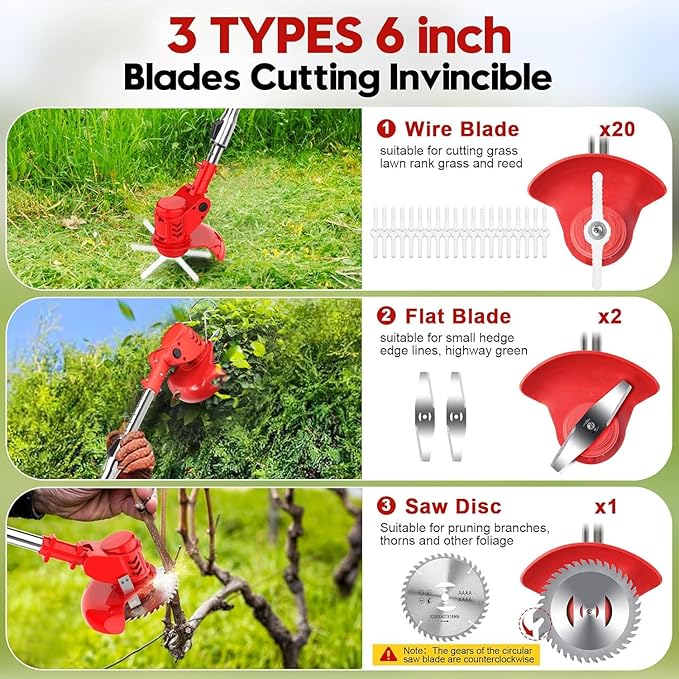 6 inch Electric Stringless Weed Wacker Metal Blade, Electric Weed Trimmer Eater Battery Powered 4000mAh 21V, 3 in 1 Cordless No String Grass Trimmer Mini Mower Edger Brush Cutter,Garden Weed Tool