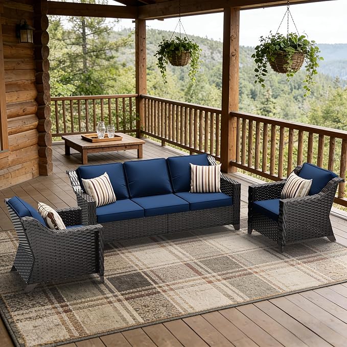 3 Pieces Patio Conversation Furniture Set - 1 Sofa, 2 Armchairs, Outdoor Wicker Furniture with Removable Cushions for Porch, Balcony, Sunroom (Blue)