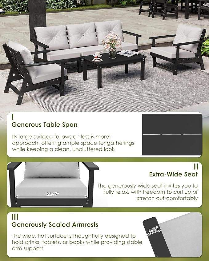 GREENVINES 6-Piece-Patio-Furniture-Set | HDPE Plastic | Outdoor Sectional Conversation Sets | All-Weather Couch | Sofa with Coffee Table | Detachable Armrests | for Deck Lawn | Black