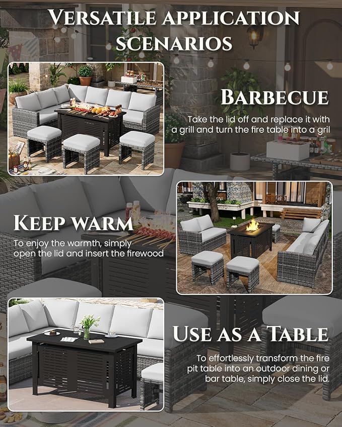 U-MAX 7 Pieces Patio Furniture Set with 43" Fire Pit Table, Outdoor Sectional Sofa Conversation Set, All Weather Wicker Rattan Dining Table & Chair with Ottoman, Grey Rattan&Light Grey Cushion