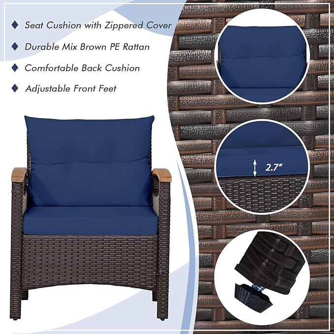 Tangkula 3-Piece Patio Furniture Set, Patiojoy Outdoor Rattan Sofa Set with Coffee Table, Patio Conversation Set with Removable Cushion, Cozy Acacia Wood Armrests for Backyard, Poolside (Navy)
