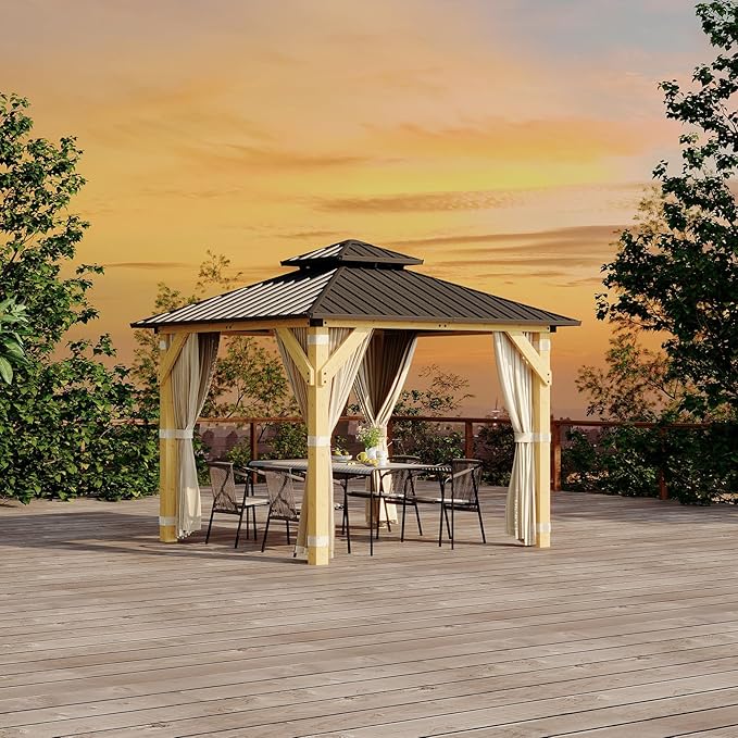 Garvee 10x10 Ft Wood Gazebo, Upgrade Spruce Frame and Double Galvanized Steel Roof, Hardtop Gazebo with Nettings and Curtains for Backyard, Patio, Garden and Lawn, Khaki