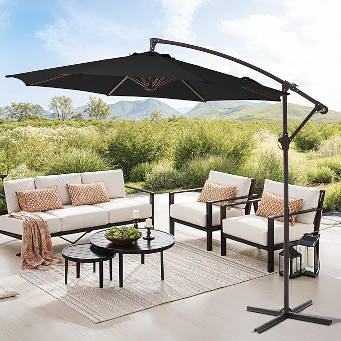 10FT Patio Umbrella, Outdoor Offset Cantilever Umbrella with Sturdy 8 Ribs, Easy Tilt Adjustment for Backyard Pool Garden,Black